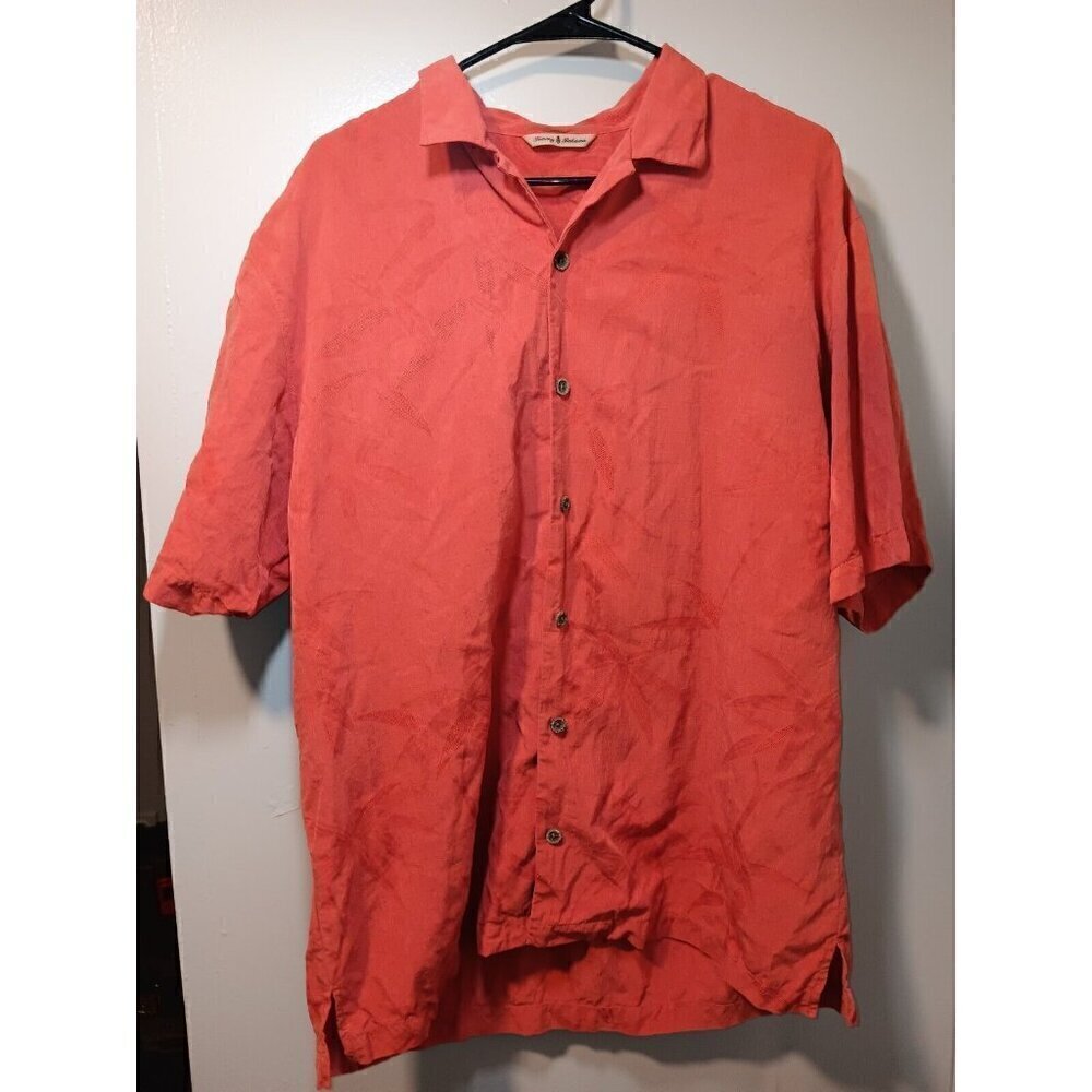 Tommy Bahama Mens Coral Silk Hawaiian Button Up Short Sleeve Shirt Size Large
